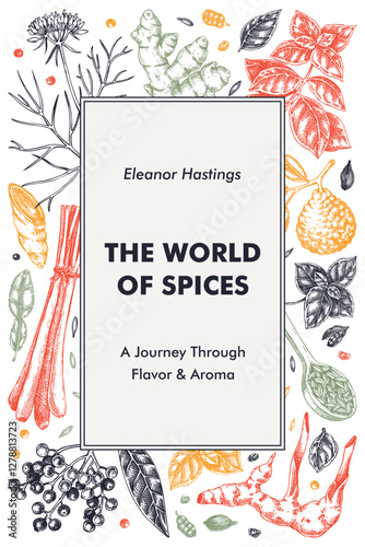 Sketch-style book cover design. Hand-drawn spices vector illustration. Basil, galangal, cumin, cilantro, turmeric, lemongrass, lime sketches. Herbs background. NOT AI generated