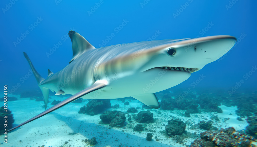 Obraz premium A big shark swims underwater. 