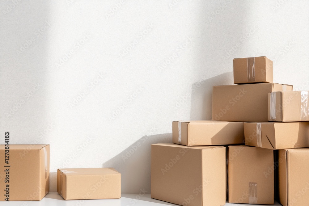 Cardboard boxes stacked against white wall, sunlight. Ideal for moving, storage, or shipping Cardboard boxes stacked against white wall, sunlight. Ideal for moving, storage, or shipping