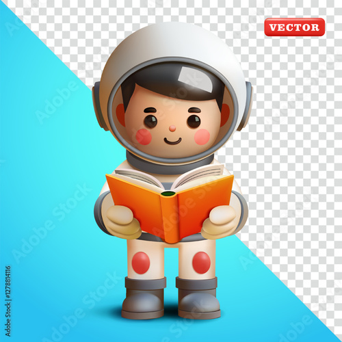Astronaut reading a book, 3d vector. Suitable for education and design elements