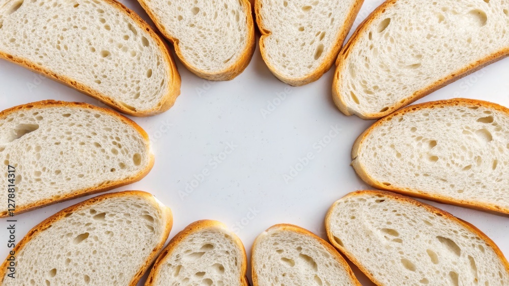 sourdough and aeration concept. Circular arrangement of bread slices on a white surface. sourdough and aeration concept. Circular arrangement of bread slices on a white surface.