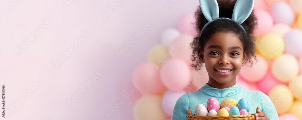 Fototapeta premium A cheerful little black girl wearing bunny ears holds an Easter basket filled with vibrant eggs. The soft pastel colors and blurred background create a joyful spring atmosphere with ample copy space