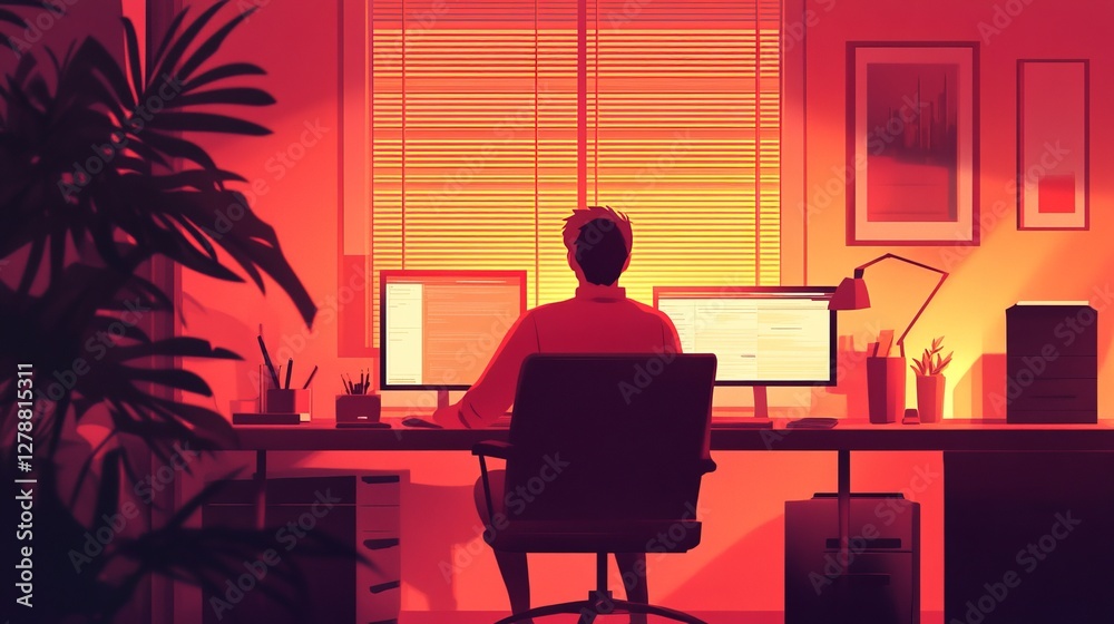 Fototapeta premium A person working late at a desk illuminated by warm light, surrounded by plants and decor