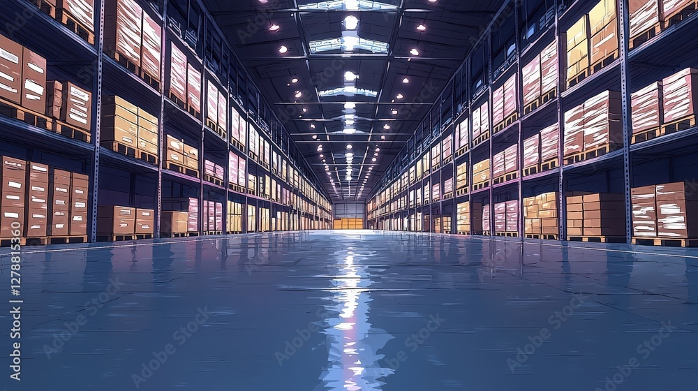 Fototapeta premium Vast Modern Warehouse With Shelves and Reflections on Wet Floor in Bright Lighting