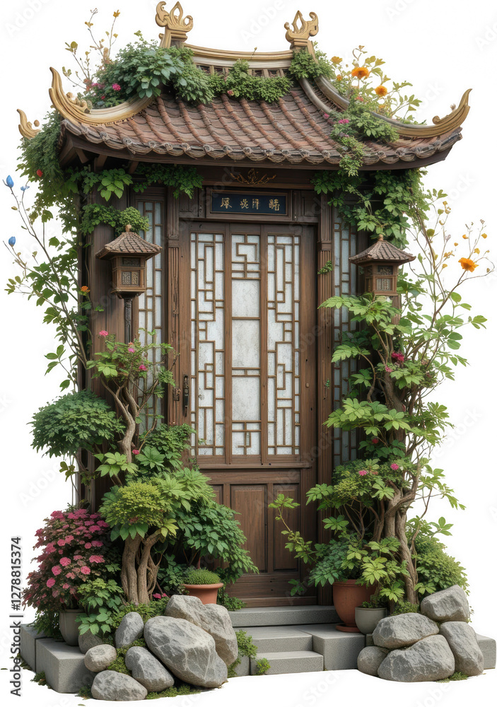 Lush Greenery Enveloping Traditional Asian Wooden Door and Pavilion Entrance Lush Greenery Enveloping Traditional Asian Wooden Door and Pavilion Entrance