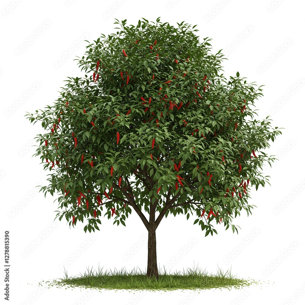 Fototapeta premium Isolated Chili Pepper Tree with Ripe Red Peppers and Green Leaves
