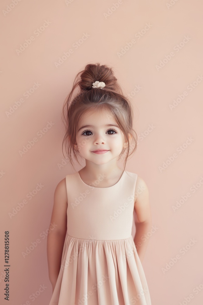 A serene young girl in a colorful dress poses gracefully against a vibrant pink wall, capturing a moment of innocence and joy. A serene young girl in a colorful dress poses gracefully against a vibrant pink wall, capturing a moment of innocence and joy.