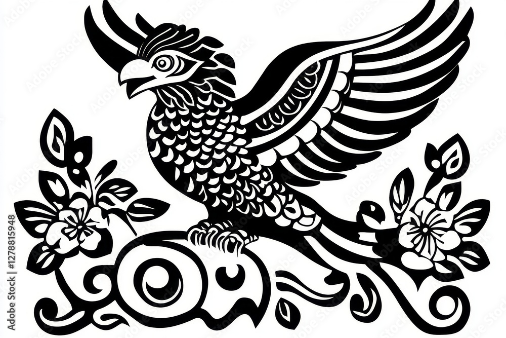 Obraz premium A black and white illustration of a stylized eagle with its wings spread wide The eagle is perched on a decorative, swirling branch