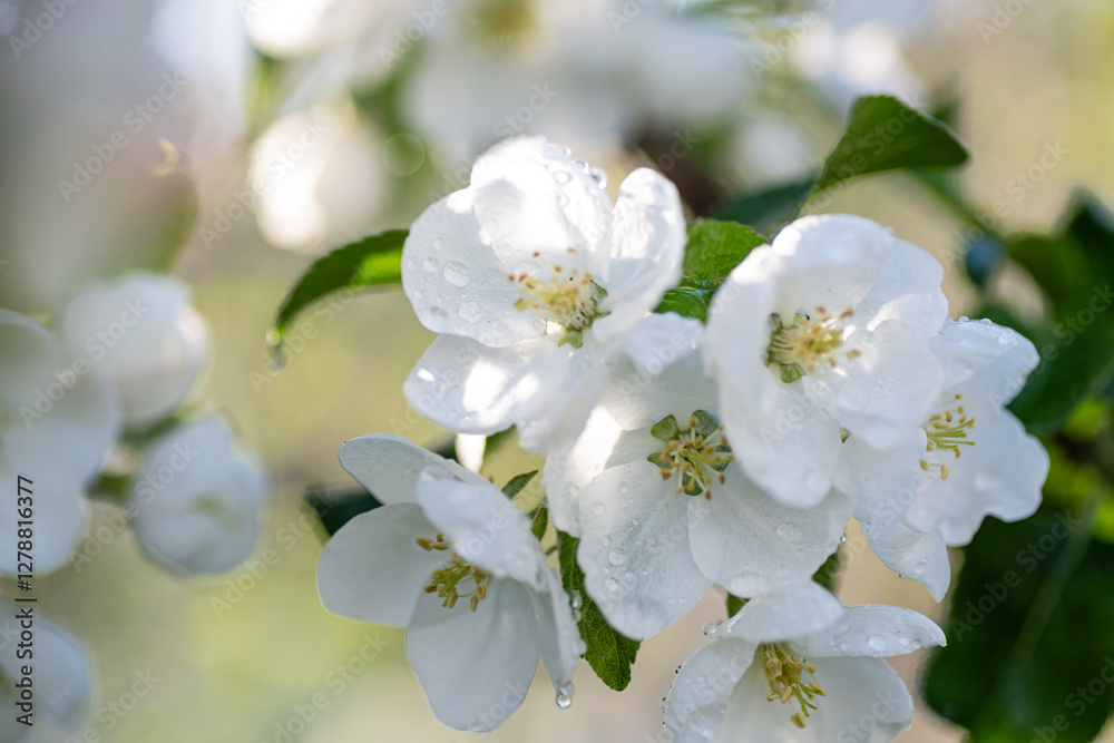 White flowers of blossoming apple tree on the tree in spring. Rain drops on petals. White flowers of blossoming apple tree on the tree in spring. Rain drops on petals.