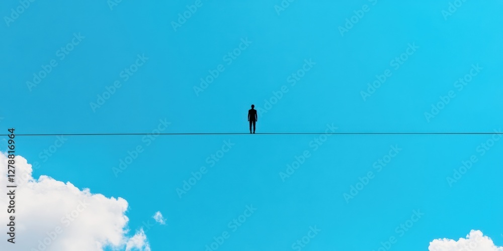 Fototapeta premium Dramatic Minimalism Tightrope Walker Against Blue Sky, Capturing Courage in High-risk Ventures - Inspiring Content for Leadership Development and Risk Management Campaigns