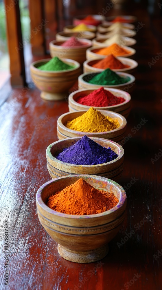 Vibrant Colorful Powder Dyes in Wooden Bowls Natural Pigment Indian Spices Vibrant Colorful Powder Dyes in Wooden Bowls Natural Pigment Indian Spices