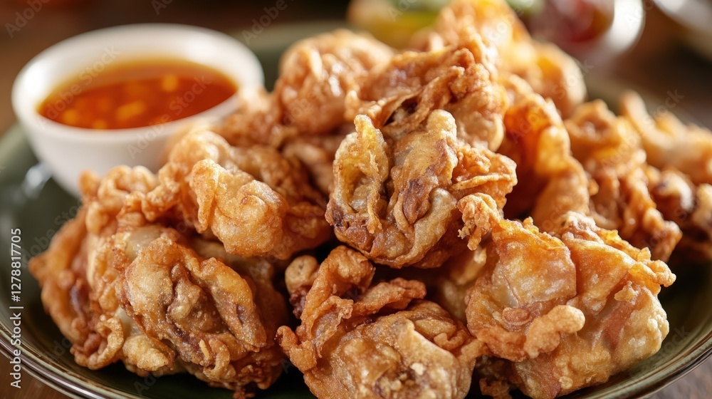 Close up view of crispy fried meat pieces, likely a dish. The pieces are a golden brown color, showing a slightly uneven texture and crispy appearance. A small bowl of a spicy, reddish orange Close up view of crispy fried meat pieces, likely a dish. The pieces are a golden brown color, showing a slightly uneven texture and crispy appearance. A small bowl of a spicy, reddish orange