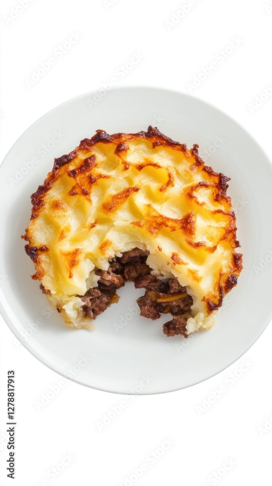 Close up view of a single portion of a meat pie, served on a white plate. The top of the pie is a golden brown, crispy mashed potato topping. A generous portion of brown meat filling is visible Close up view of a single portion of a meat pie, served on a white plate. The top of the pie is a golden brown, crispy mashed potato topping. A generous portion of brown meat filling is visible