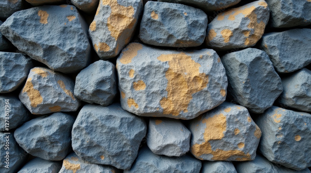 Close-up of uneven stone wall, textured natural surface, mix of gray and blue-gray stones with warm golden highlights, intricate geological formations, rustic and detailed rock pattern, high-quality s Close-up of uneven stone wall, textured natural surface, mix of gray and blue-gray stones with warm golden highlights, intricate geological formations, rustic and detailed rock pattern, high-quality s