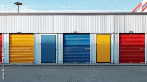 A vibrant and detailed view of mini colorful metal self-storage units set against the backdrop of a warehouse exterior. photo