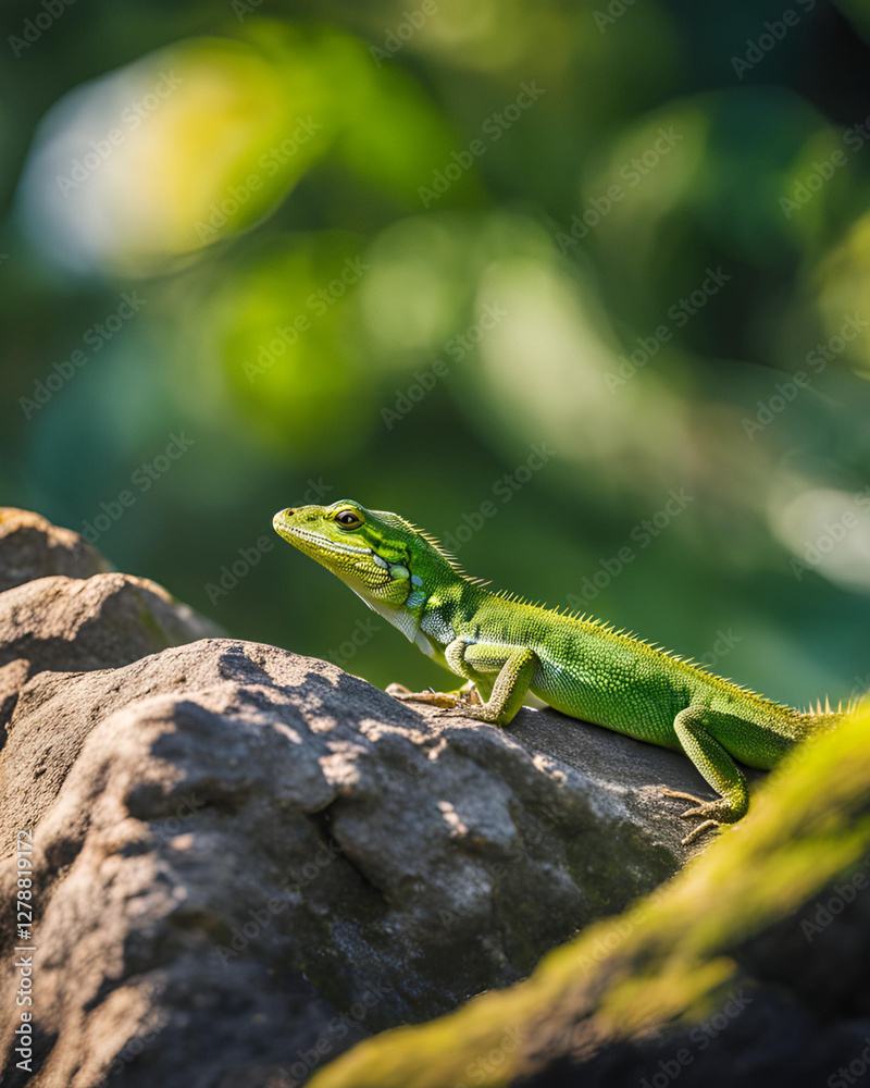 Fototapeta premium green lizard, beautiful lizard, vibrant reptile, exotic lizard, tropical lizard, wildlife photography, lizard close-up, nature reptile, colorful lizard, detailed scales, jungle lizard, forest reptile,