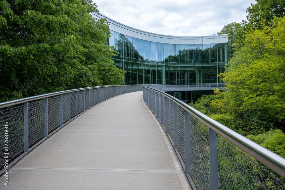 Fototapeta premium A contemporary university building featuring curved glass architecture and lush greenery, representing innovation, education, and modern design