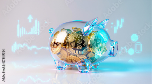 Cofrinho transparente cheio de moedas de Bitcoin com gráficos digitais ao fundo, simbolizando economia digital, investimento em criptomoedas e crescimento financeiro.