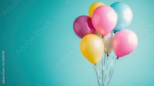 A vibrant bunch of birthday helium balloons in pink, blue, and yellow floats against a teal background, creating a festive atmosphere perfect for a happy anniversary party celebration. photo