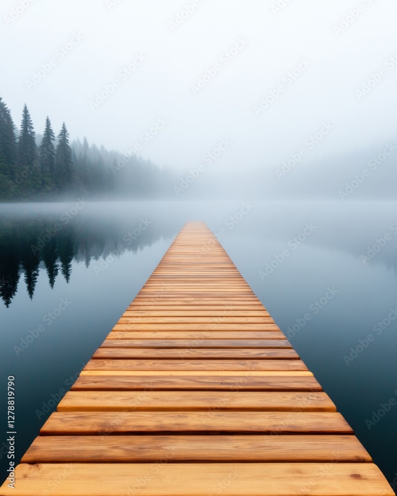Fototapeta premium Scenic Minimalist Nature Wooden Dock on Misty Lake for Travel Branding and Eco-Friendly Adventure Visuals - Inspiring Sustainable Exploration Content