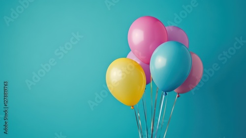 A vibrant bunch of birthday helium balloons in pink, blue, and yellow floats against a teal background, creating a festive atmosphere perfect for a happy anniversary party celebration. photo