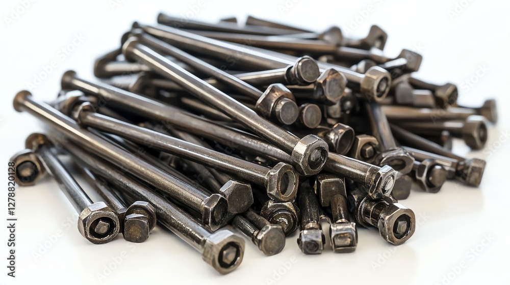 A pile of metal bolts arranged on a white isolated background. A pile of metal bolts arranged on a white isolated background.