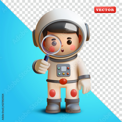 Astronaut looking with magnifying glass, 3d vector. Suitable for education, searching and design elements