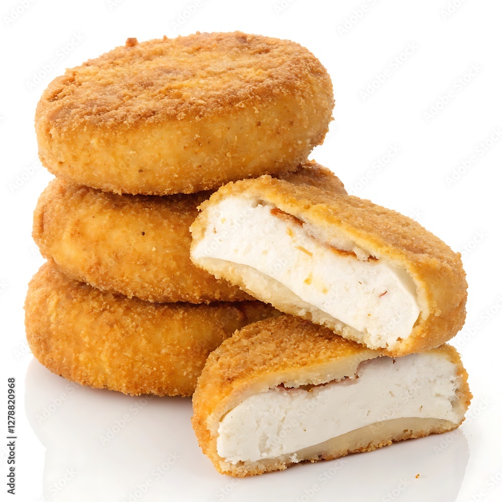 three golden brown breaded chicken patties stacked three golden brown breaded chicken patties stacked