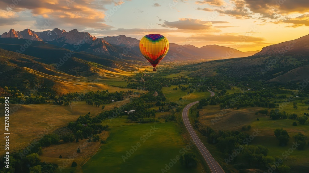 Fototapeta premium A vibrant hot air balloon ascends over a lush green valley with a road winding through the landscape and majestic mountains in the background at sunrise.