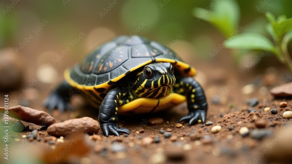 A baby box turtle with a black and yellow patterned shell crawls on a dirt surface with small plants in the background. A baby box turtle with a black and yellow patterned shell crawls on a dirt surface with small plants in the background.