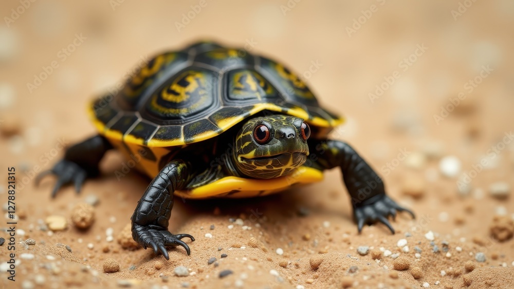 A baby box turtle with a black and yellow patterned shell is crawling on sandy ground. A baby box turtle with a black and yellow patterned shell is crawling on sandy ground.