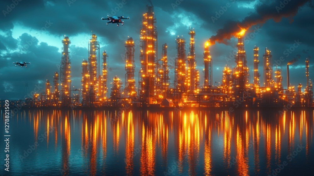 Naklejka premium Drones Surveying Illuminated Industrial Refinery Complex