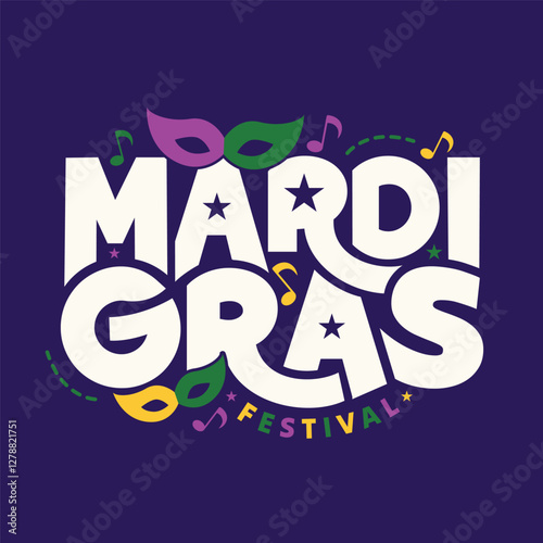 Mardi Gras festival celebration poster, banner, greeting card with mask and music icons. Mardi Gras typography vector illustration.  Fat Tuesday is the final day of Carnival. Traditional annual Fest