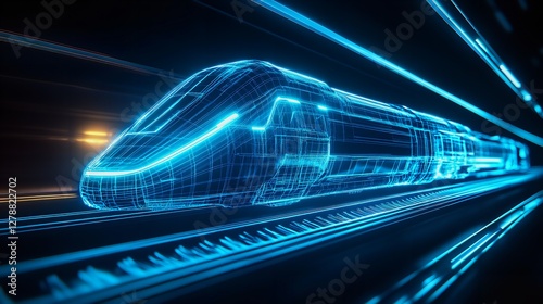 Futuristic High Speed Train Digital Wireframe Design Modern Technology Transportation Network Innovation Digital Art Blue Neon    