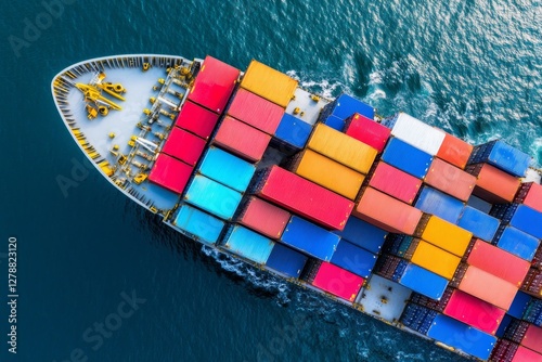 A large container cargo ship is beeing loaded and unloaded in a commercial dock