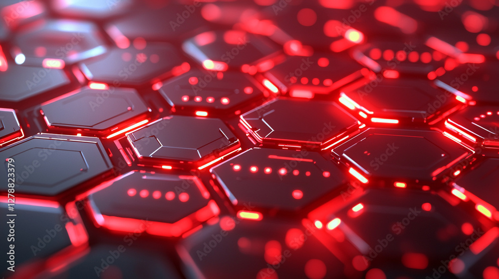 Abstract Close-Up of Illuminated Hexagonal Pattern in Dark Surface with Red Glowing Lines Abstract Close-Up of Illuminated Hexagonal Pattern in Dark Surface with Red Glowing Lines