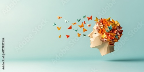 Origami Brain with Colorful Butterflies Contemporary Mental Wellness Art on Minimalist Backdrop - Inspiring Cognitive Health for Digital Content and Therapeutic Spaces