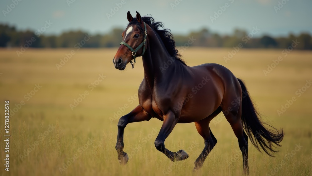 Obraz premium A brown horse with a white mark on its forehead, wearing blinkers, stands in a stable.