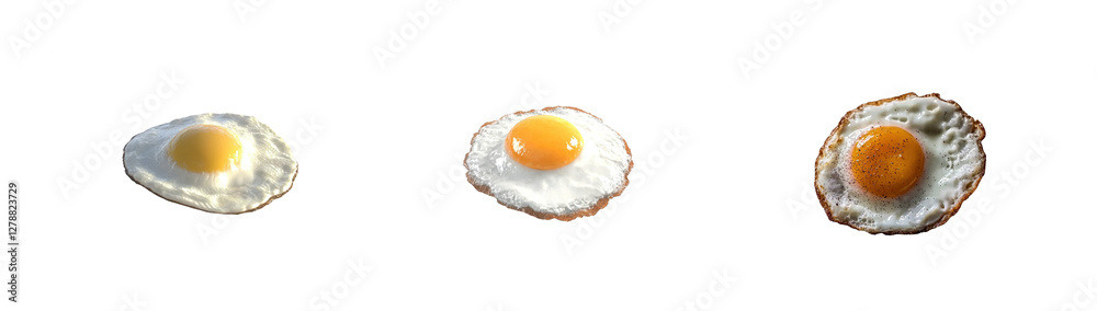 Three Fried Eggs with Varying Yolk Colors on Black Background Three Fried Eggs with Varying Yolk Colors on Black Background