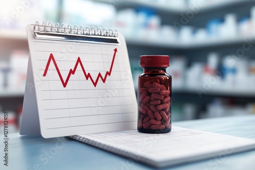 Rising pharmaceutical costs illustrated with graph and pills