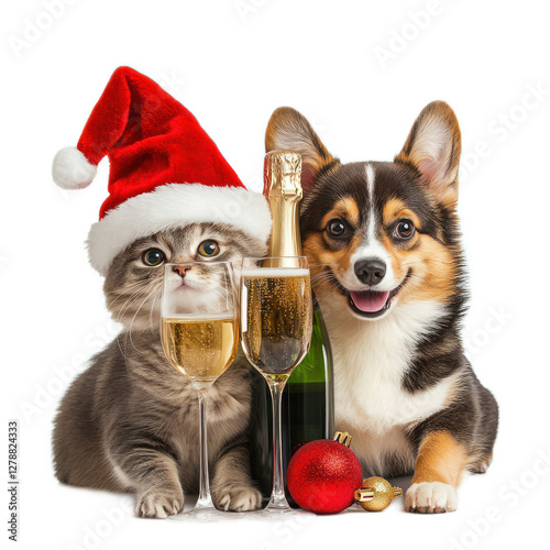 Festive cat and dog celebrating with champagne and decorations, set against a cheerful holiday backdrop