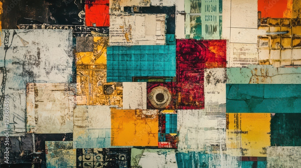 Fototapeta premium A vintage grunge collage background featuring a mix of colorful textures and shapes.