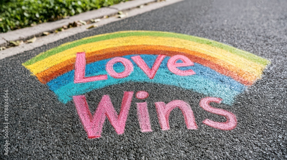 Obraz premium Love Wins Rainbow Artwork on Pavement with Colorful Chalk Design