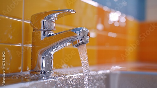 Repeated image of a faucet surrounded by water drops and kitchen background elements photo