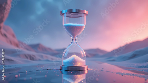 A timeless hourglass sits serenely in a dreamy, pastel landscape, reflecting the ephemeral nature of time against a soft, glowing twilight sky.