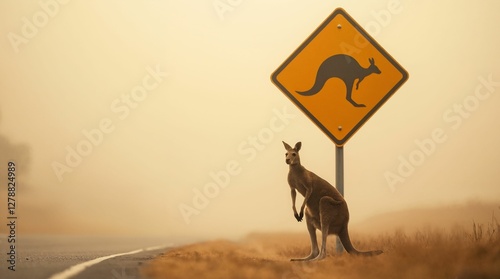 Kangaroo warning road sign, observing kangaroo, foggy road background, copy space