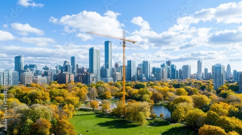 Wallpaper Mural Urban Landscape With Crane and Colorful Fall Foliage in City Park Torontodigital.ca