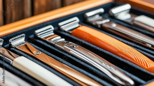 Barbershop Shaving Razor Concept, An Array of Polished Razors Displayed in a Luxurious Case with a Mirror Finish for a Premium Grooming Experience