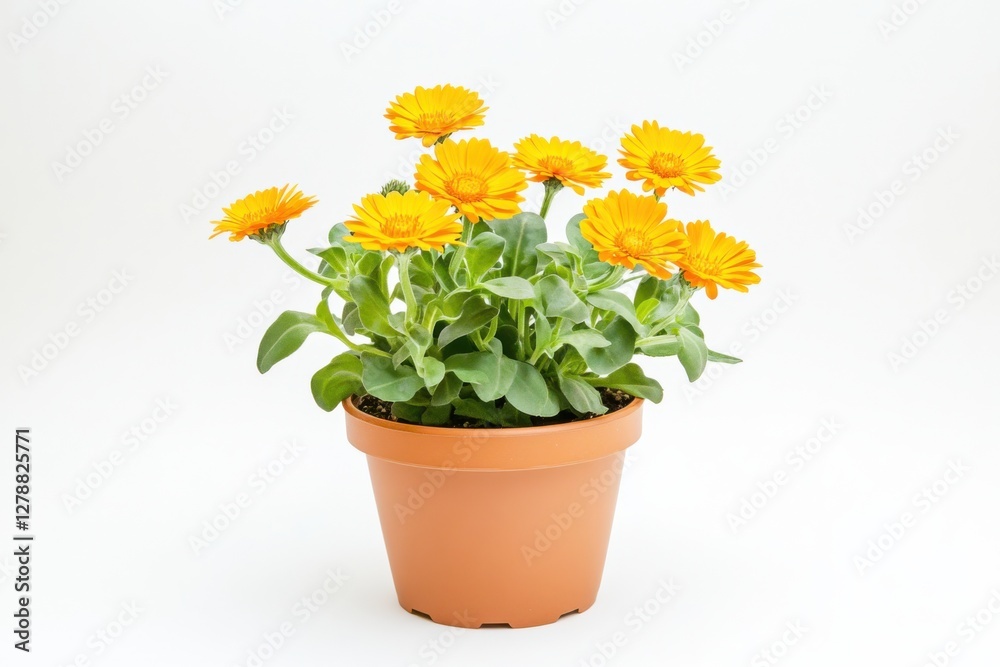 Vibrant calendula flowers in a trendy pot against a bright white background showcasing their beauty Vibrant calendula flowers in a trendy pot against a bright white background showcasing their beauty