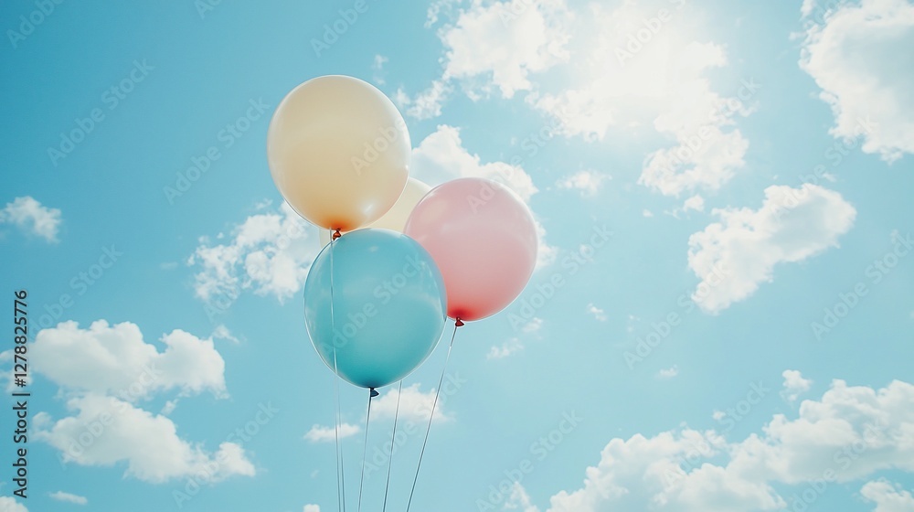 Obraz premium Three pastel balloons floating against a bright sunny sky.